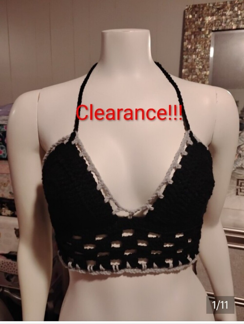 Handmade Black Crochet Halter Top with White Trim